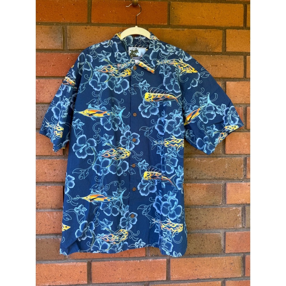 VTG AFTCO Bluewater Fish Shirt Flaming Sharks Fishing USA | Blue | Mens Large